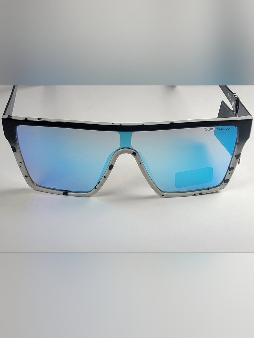 True Religion Oversized Shield Sunglasses Blue Mirror Speckled Rim